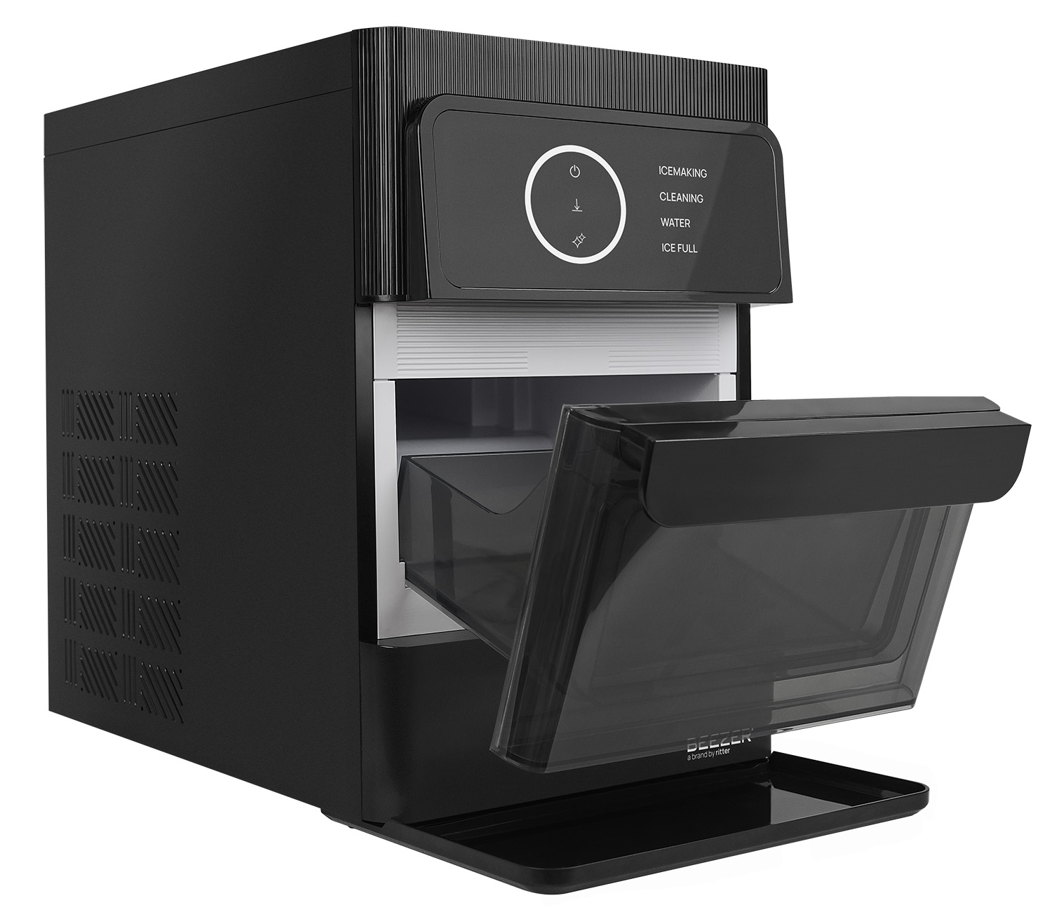 side view of a black ice ball machine