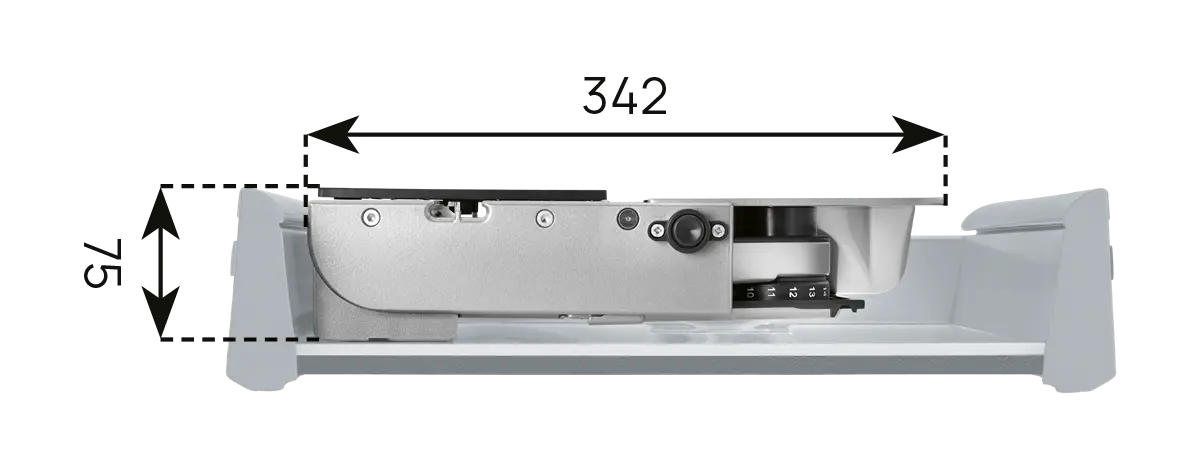 An image of a dimensional installation drawing of the left-guided built-in universal cutter, with the technical data 2.