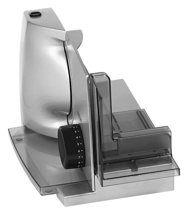 Electric food slicer in silver, angled view