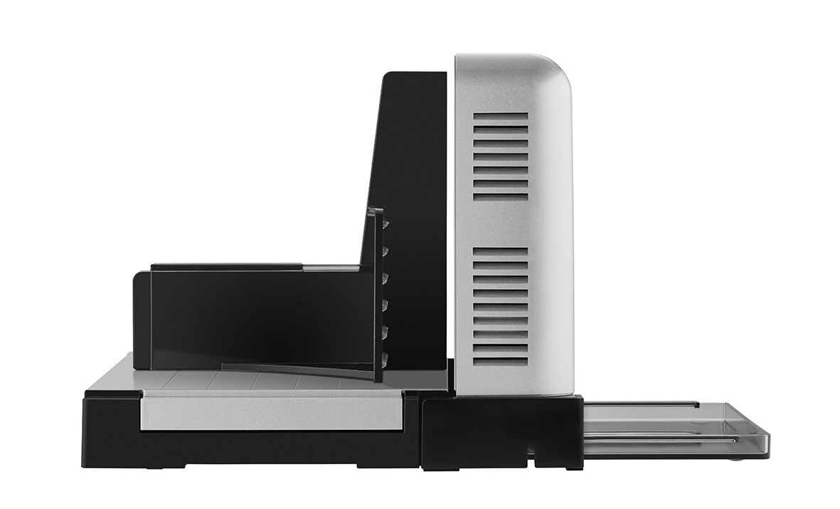 Elektrischer Allesschneider in silber, seitliche Ansicht