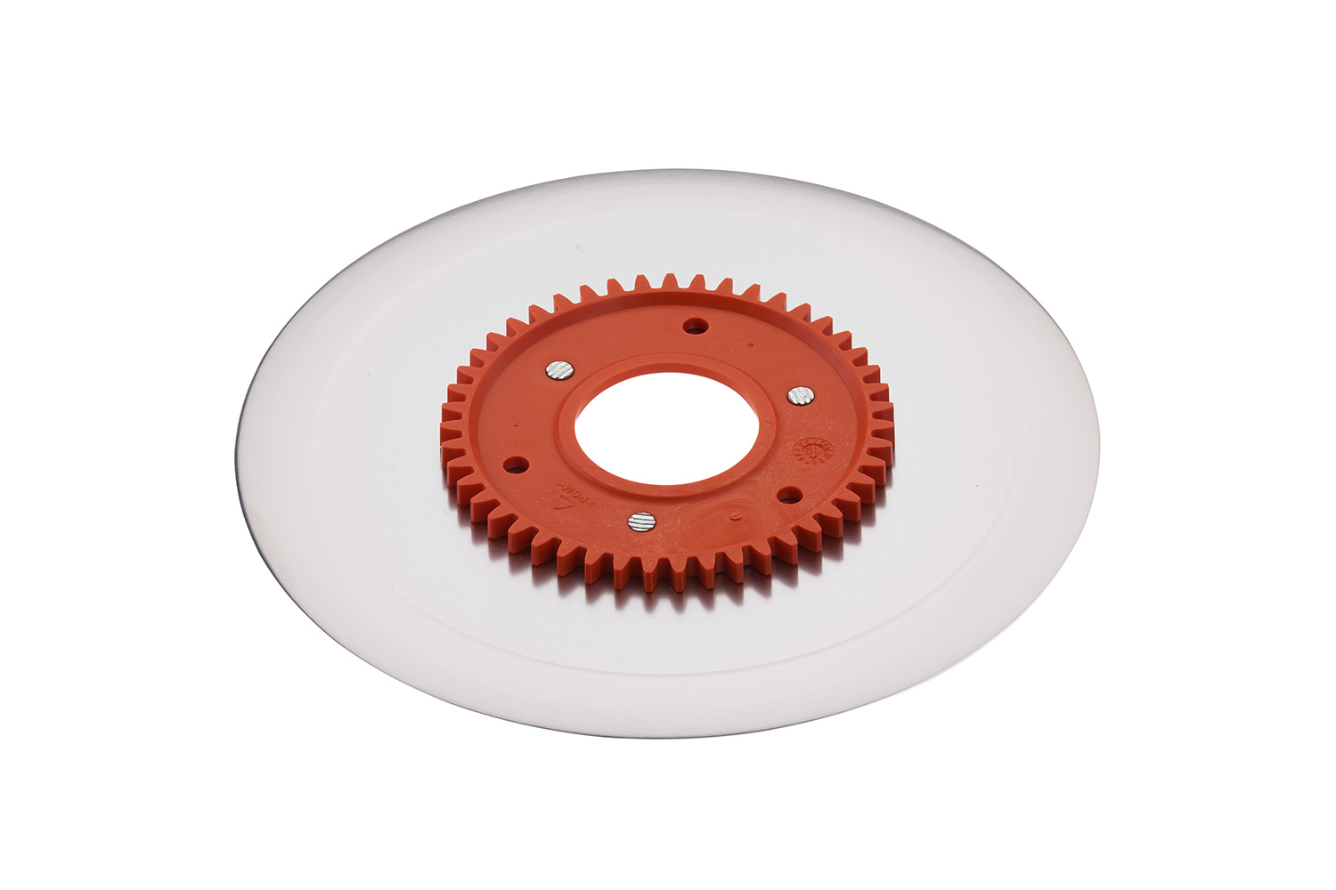 Ham- and sausage circular blade with electropolished surface and an orange gear