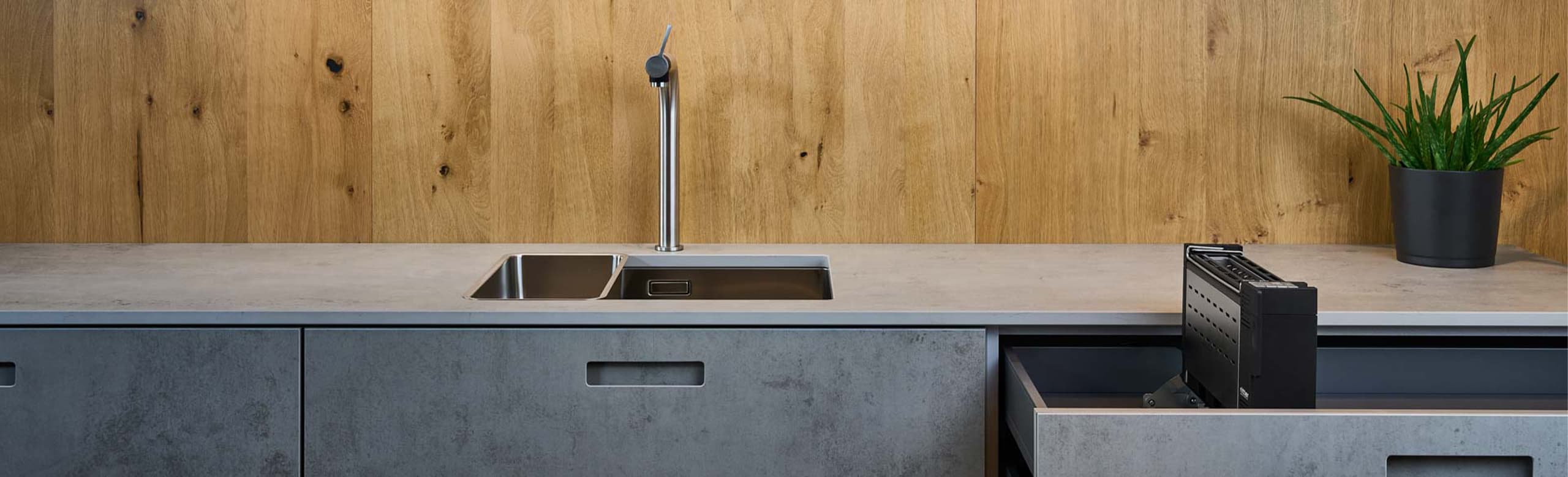 A picture of a built-in toaster emerging from a kitchen drawer and a plant standing on the worktop.