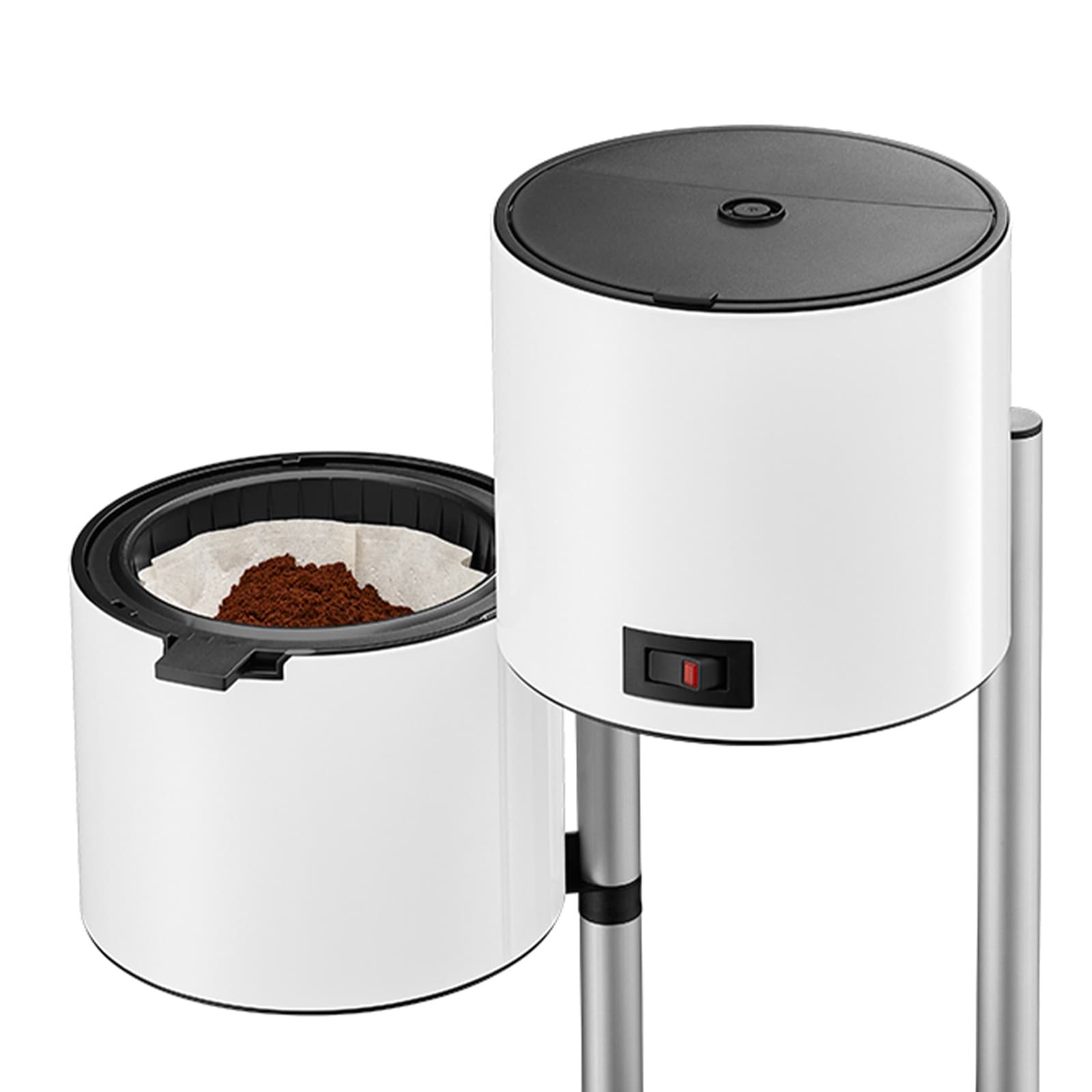 A picture of the water tank and the brewing unit of the white coffee machine.