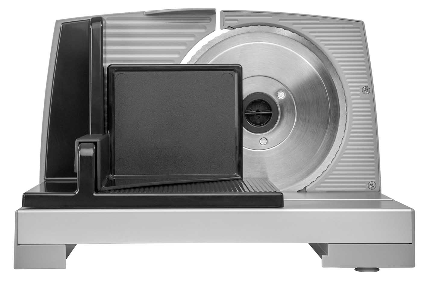 Electric food slicer in silver, rear view