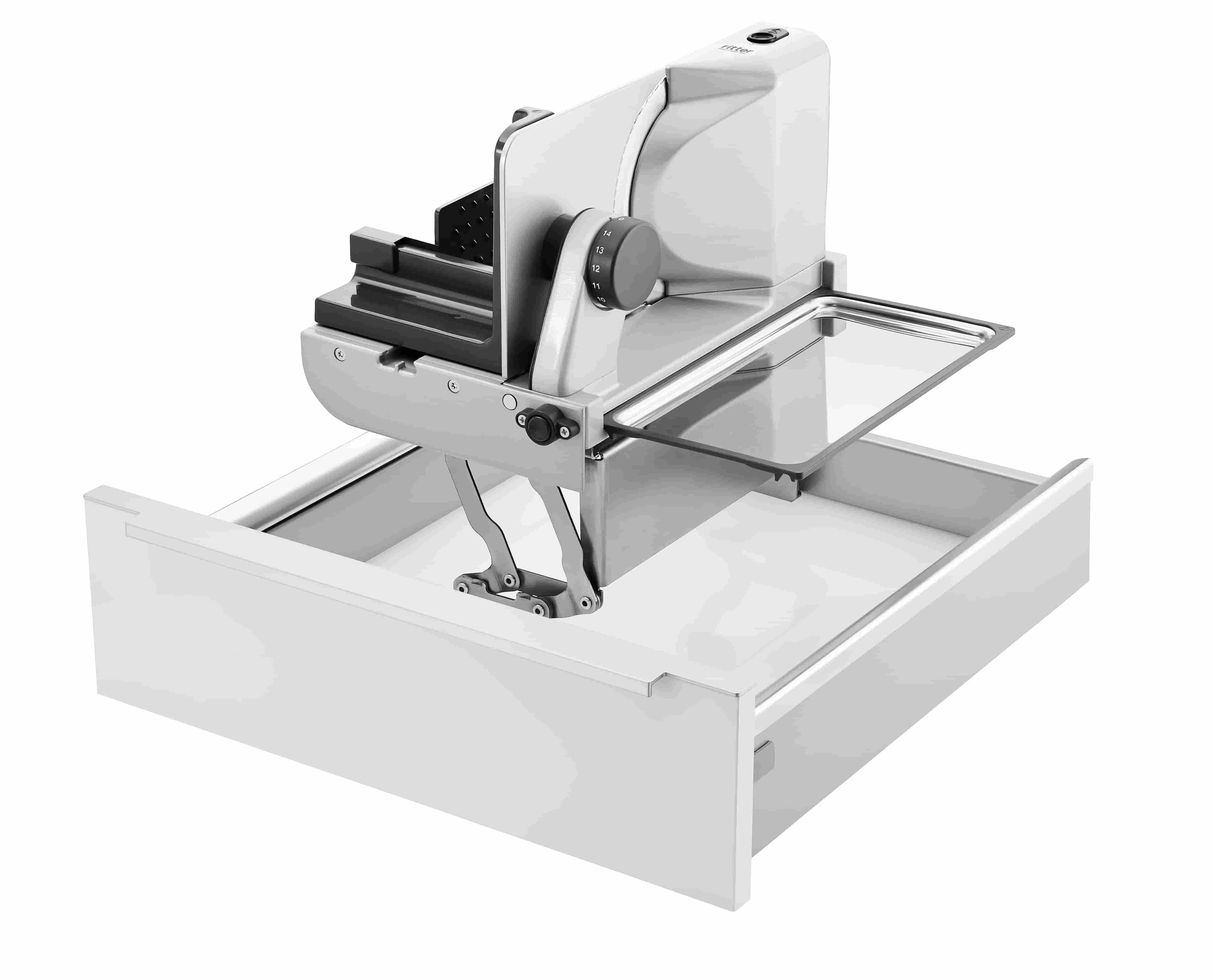 Electric built-in all food slicer in silver, angled view