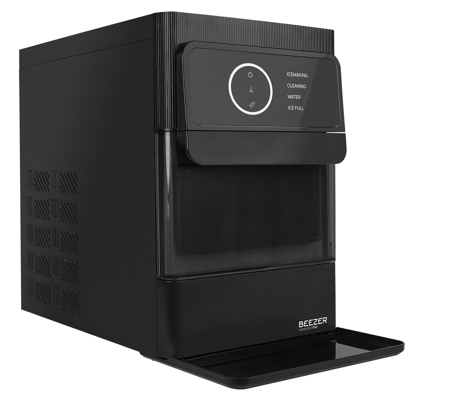 side view of a black ice ball machine