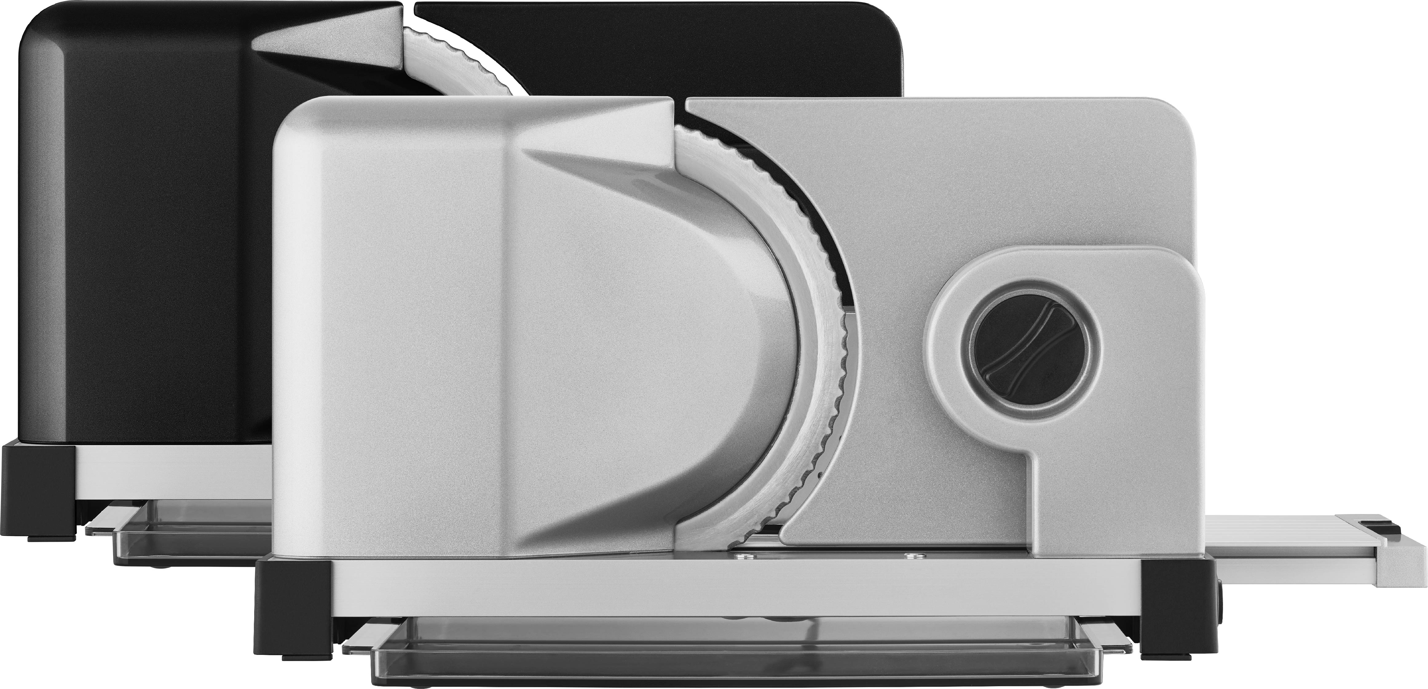 Electric food slicer in silver and black Electric food slicer in silver and black