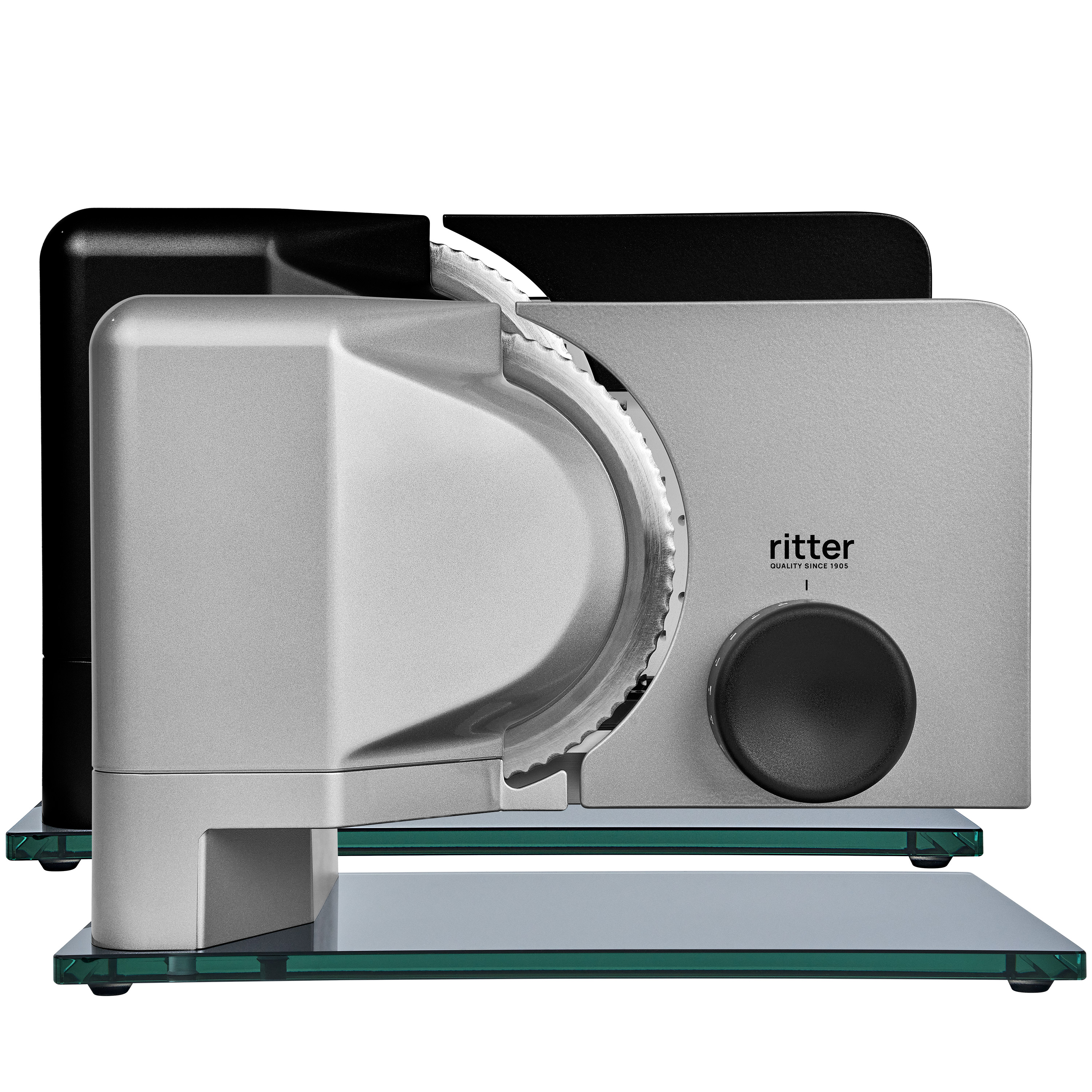 Electric food slicer in silver and black Electric food slicer in silver and black