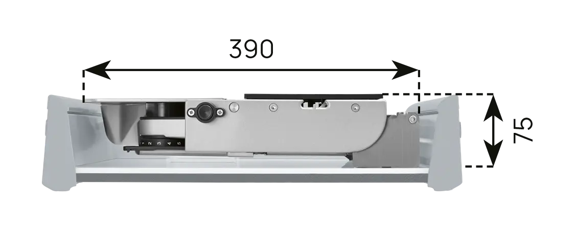 An image of a dimensional installation drawing of the right-guided built-in universal cutter, with the technical data 2.