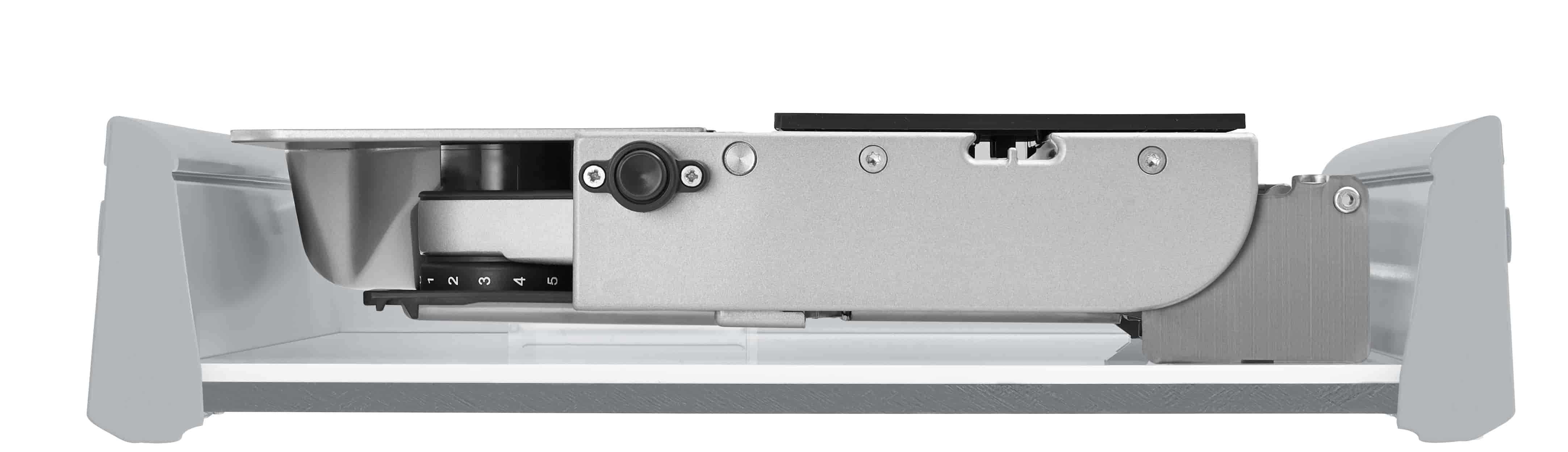 Electric built-in food slicer in silver, side view