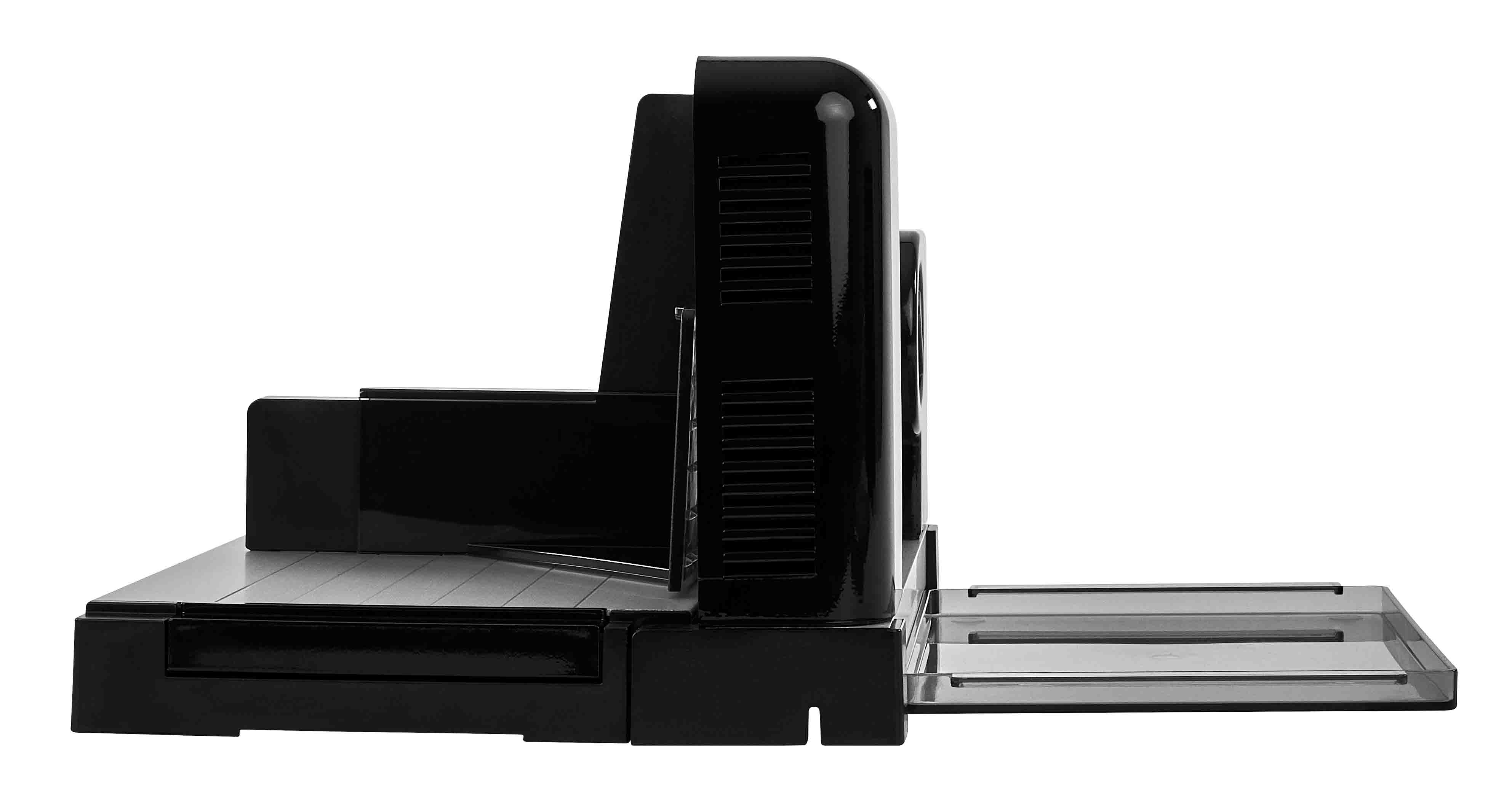 Electric food slicer in black, side view