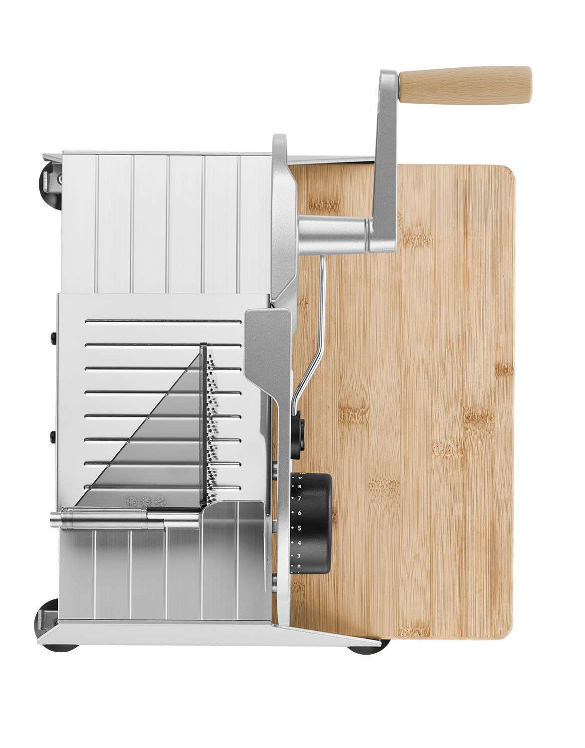 Silberner manueller Allesschneider der Marke ritter mit schwarzem Drehknopf, Griff und Bambusbrett von oben.