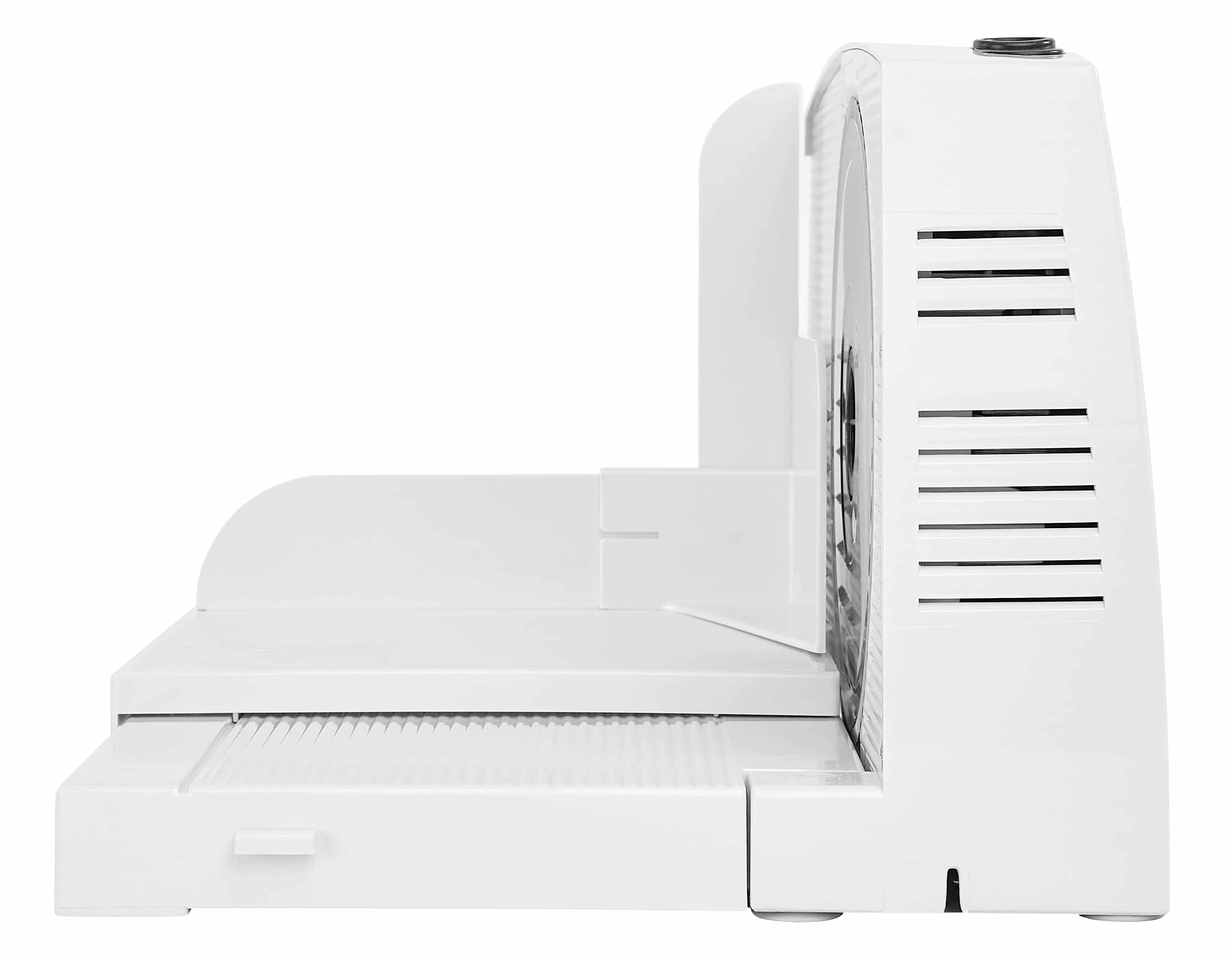 White plastic food slicer, from the side