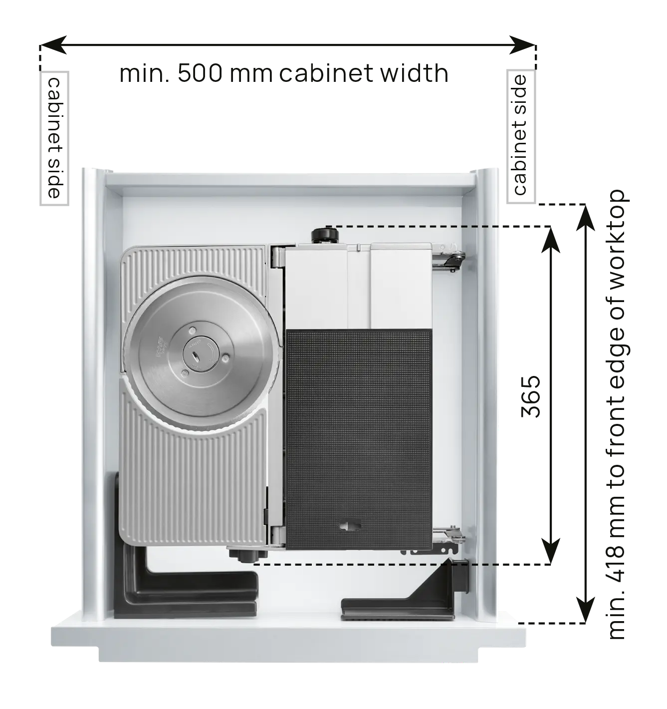 An image of a dimensional installation drawing of the right-guided built-in universal cutter, with the technical data 3.