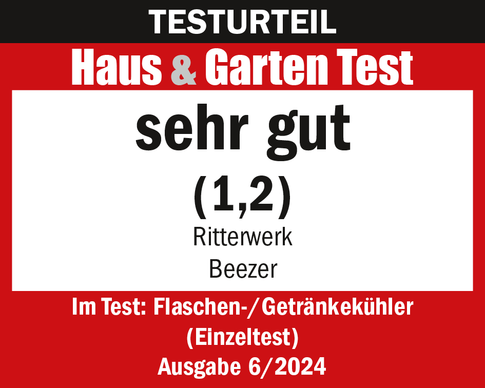 Auszeichnung vom Haus und Garten Test für den BEEZER Getränkekühler, mit der Note "sehr gut" (1,2)