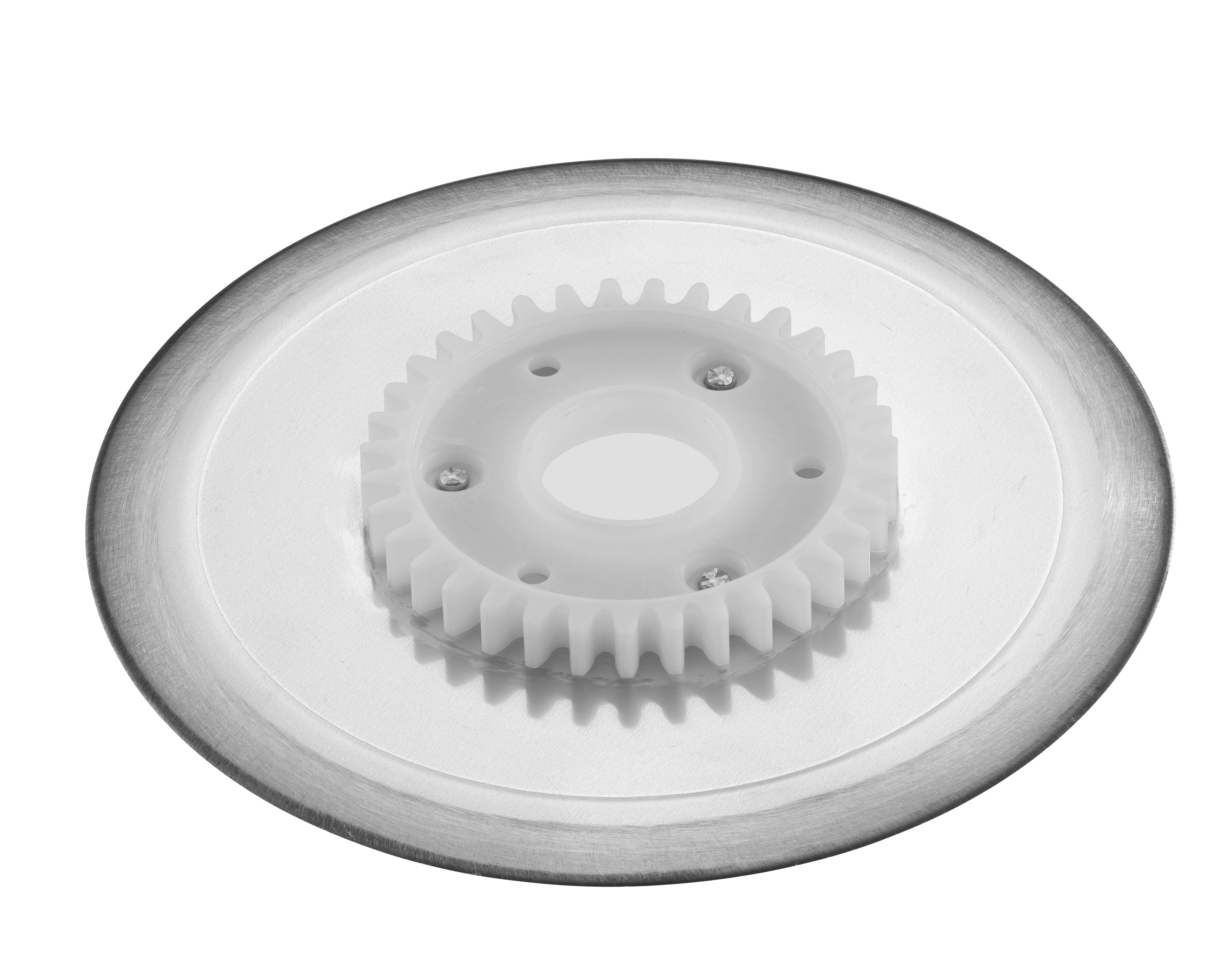 Glattes Schinken-/Aufschnittmesser aus rostfreiem Edelstahl mit weißem Zahnrad, für manuelle Allesschneider mit einem Durchmesser von 17 cm Glattes Schinken-/Aufschnittmesser aus rostfreiem Edelstahl mit weißem Zahnrad, für manuelle Allesschneider mit einem Durchmesser von 17 cm