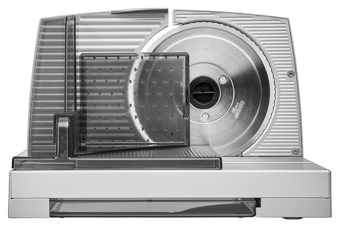 Electric food slicer in silver, rear view