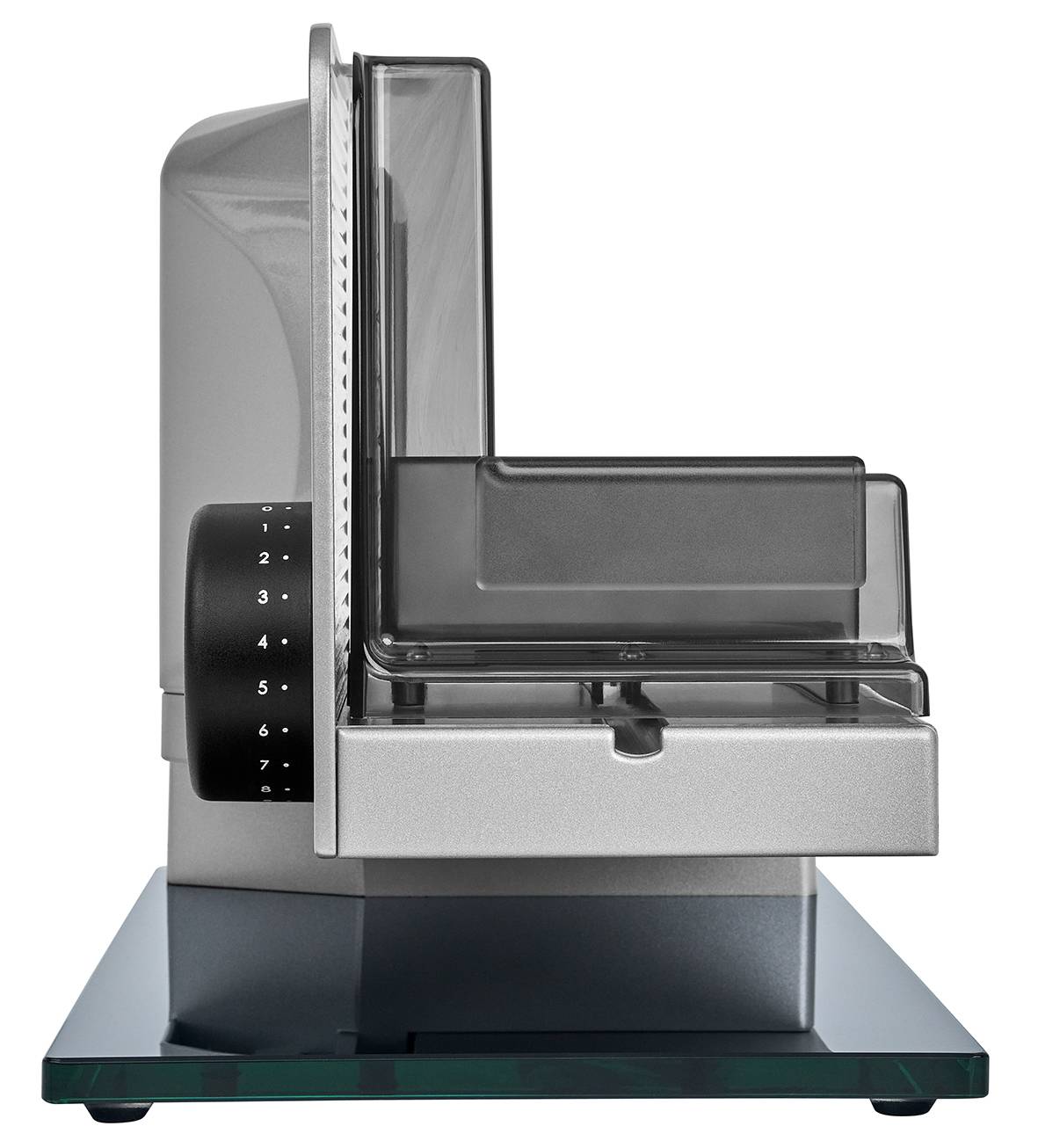 Elektrischer Allesschneider in silber, seitliche Ansicht