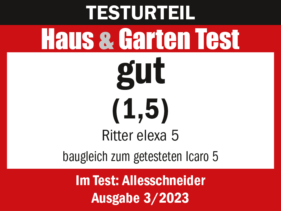 Auszeichnung Award from Haus und Garten Test for the elexa 5 folding and electric all-purpose slicer, with the grade “good” (1.5)