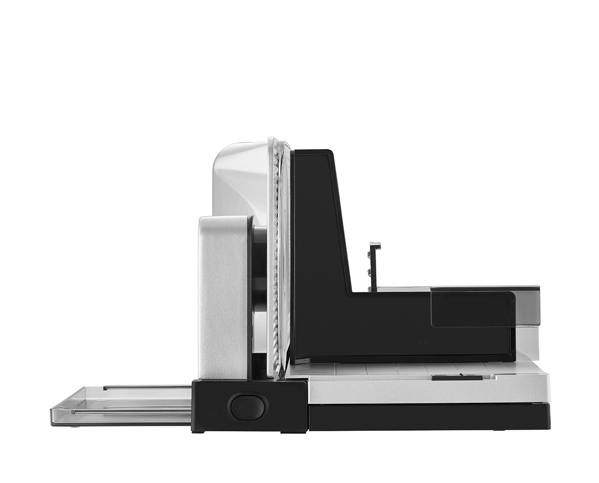 Elektrischer Allesschneider in silber, seitliche Ansicht