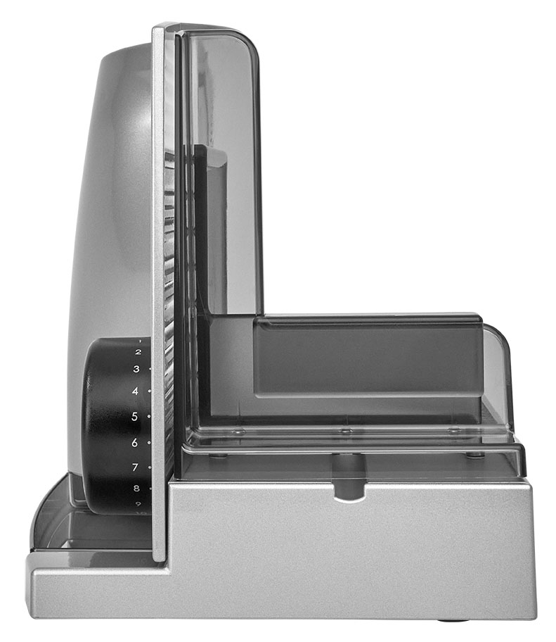 Electric food slicer in silver, side view