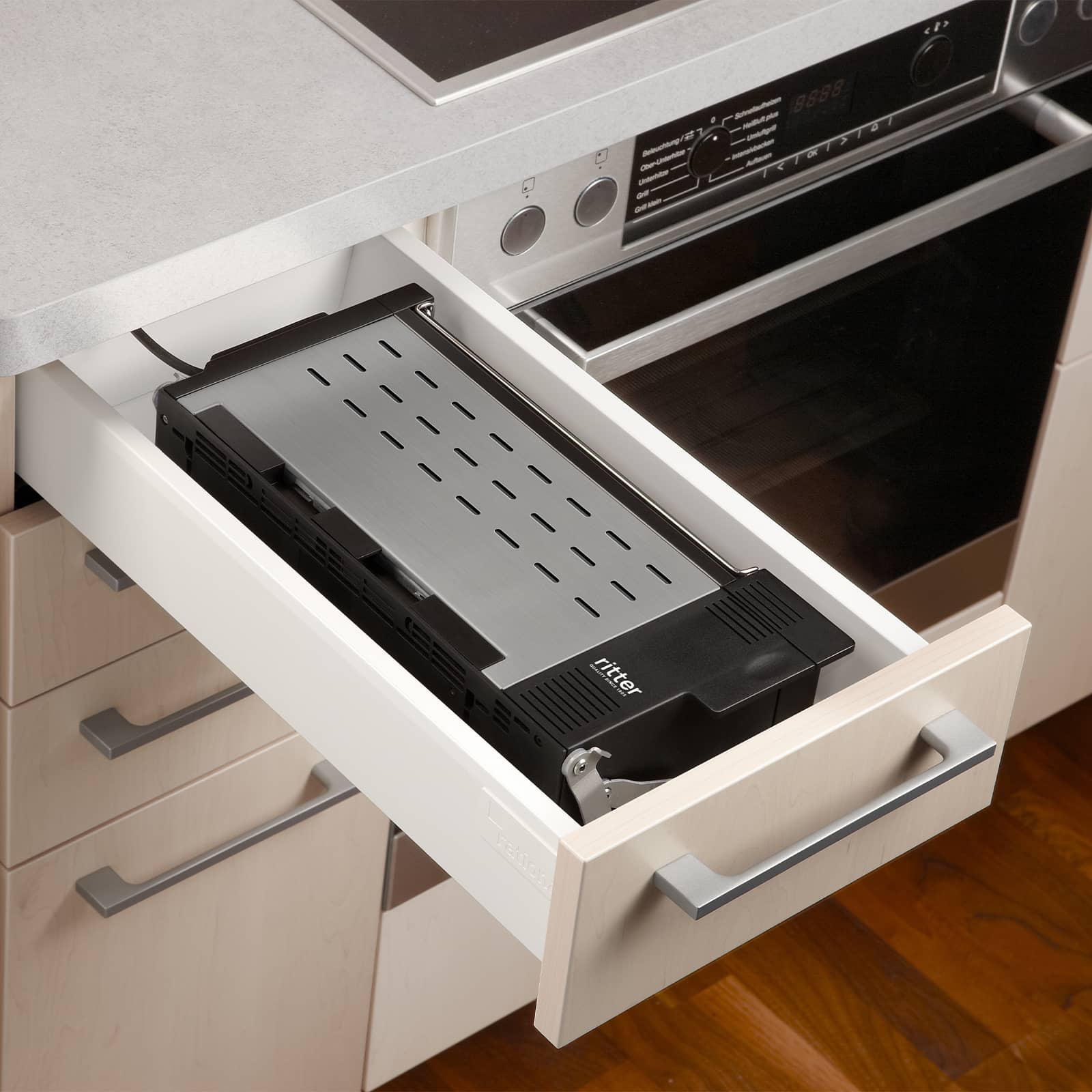 The built-in toaster oven folded into a drawer.