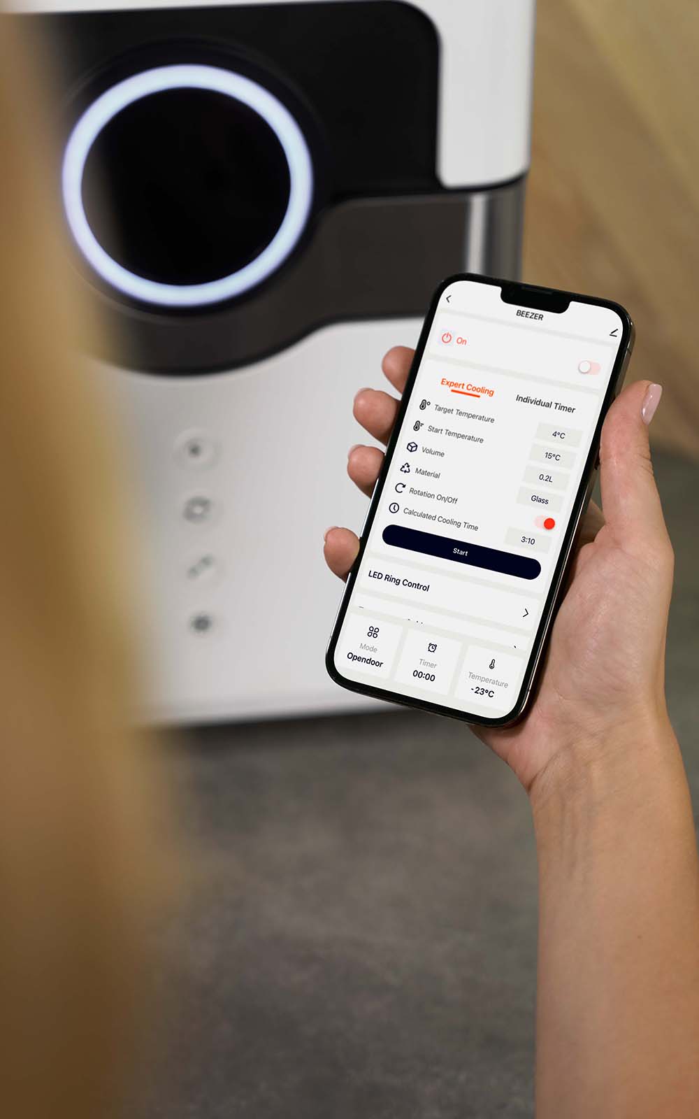 A picture showing a cell phone using the BEEZER Connect app. A picture showing a cell phone using the BEEZER Connect app.