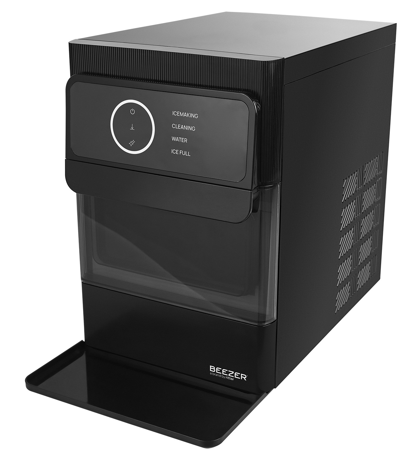 side view of a black ice ball machine