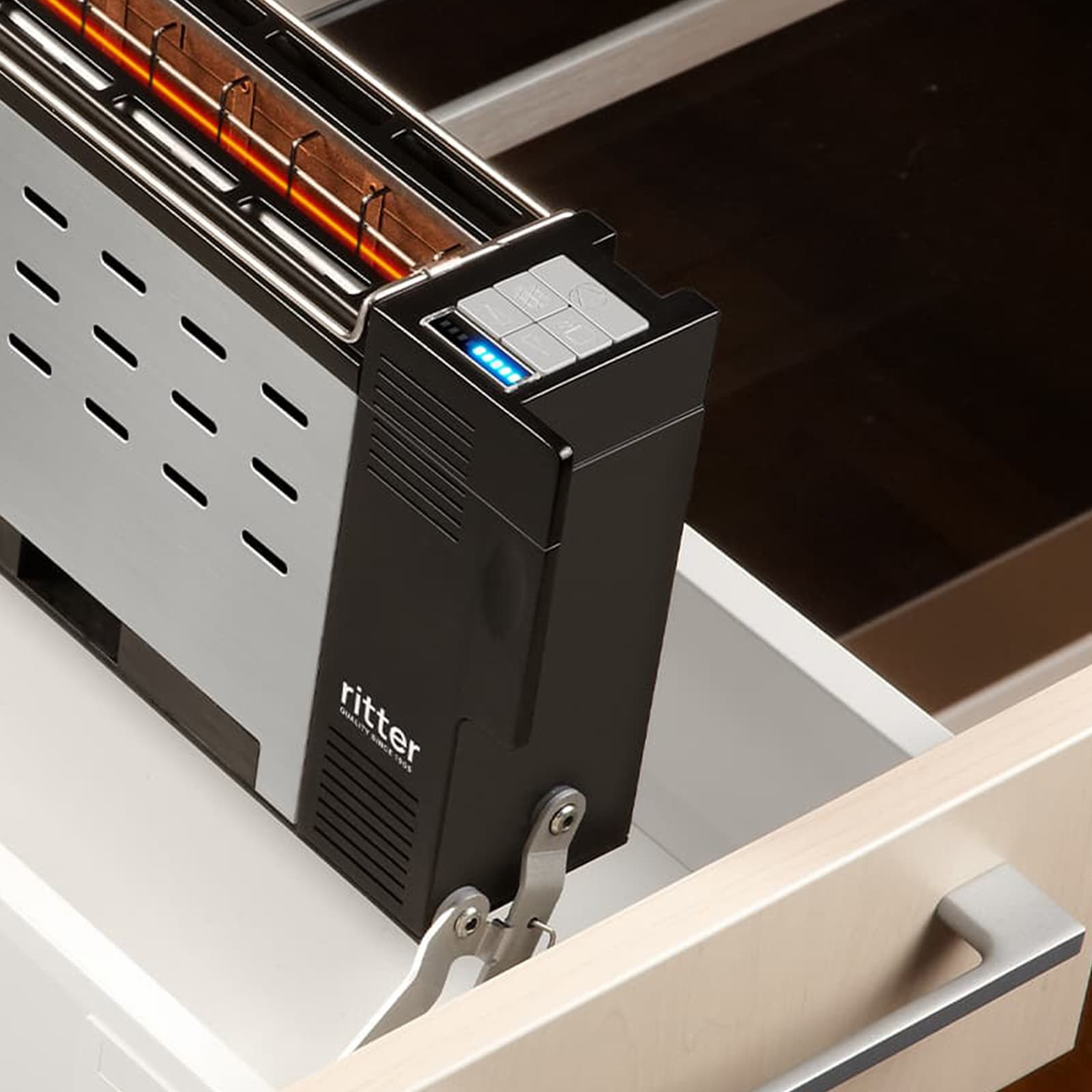 A picture of the built-in toaster in a drawer.