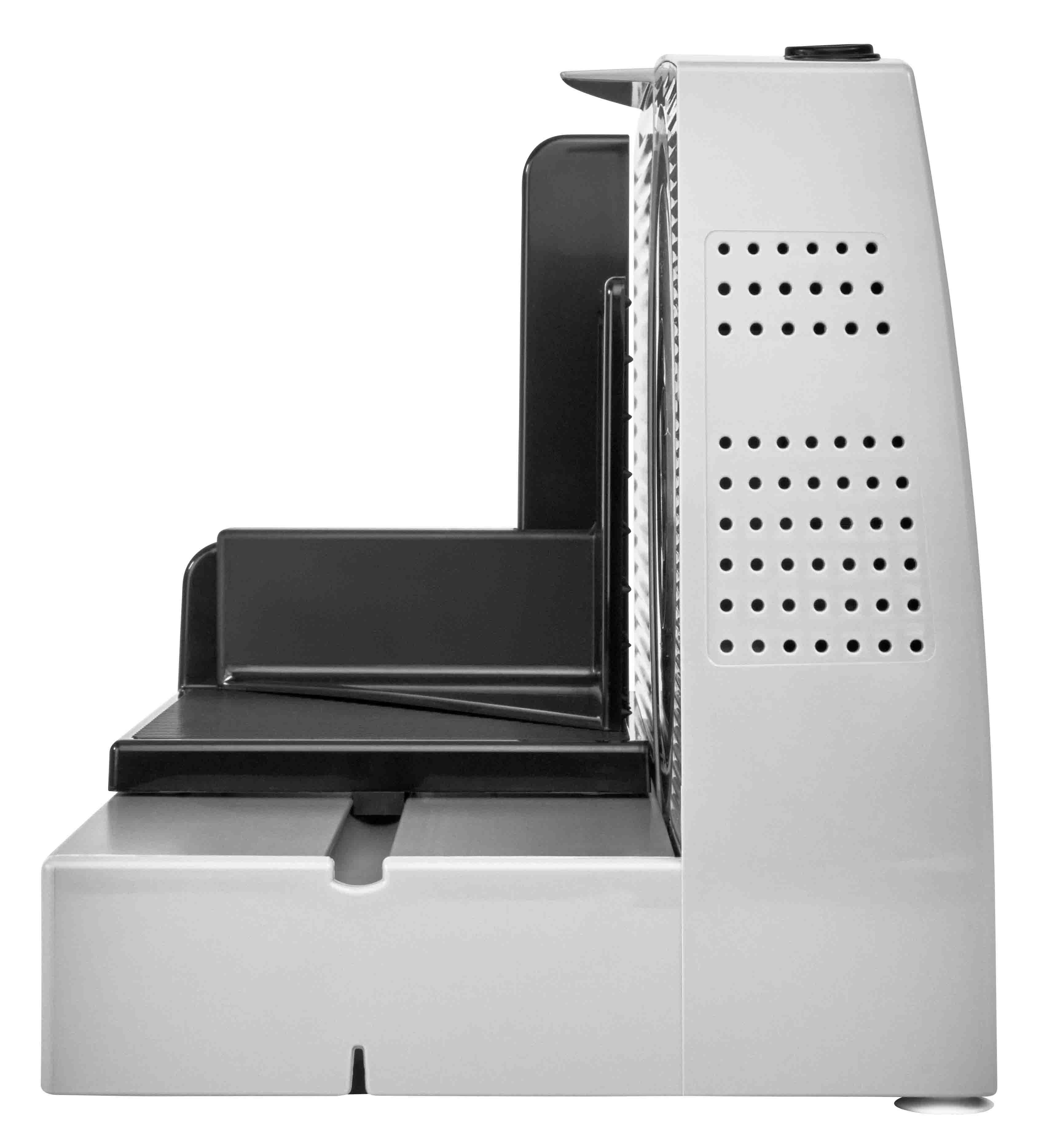 Electric food slicer in silver, side view