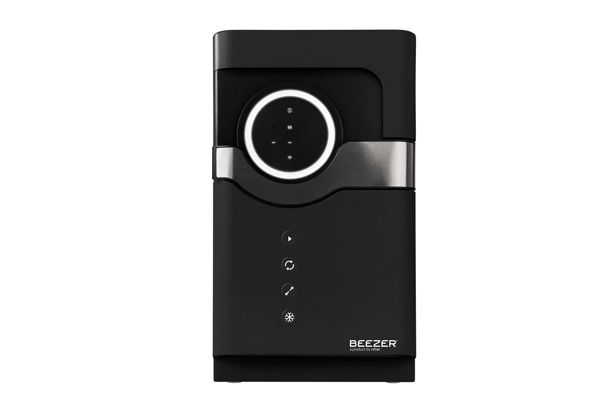 BEEZER Vorderseite vom eingeschalteten BEEZER Getränkekühler in der Farbe schwarz