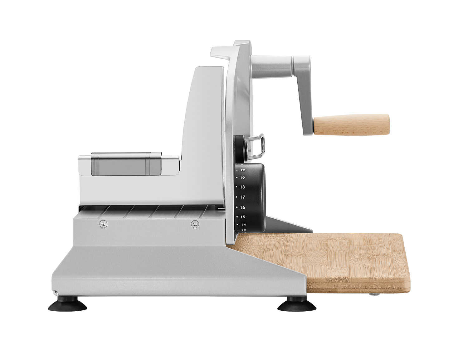 Silberner manueller Allesschneider der Marke ritter mit schwarzem Drehknopf, Griff und Bambusbrett von der linken Seite