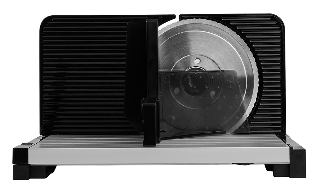 Electric food slicer in black, rear view