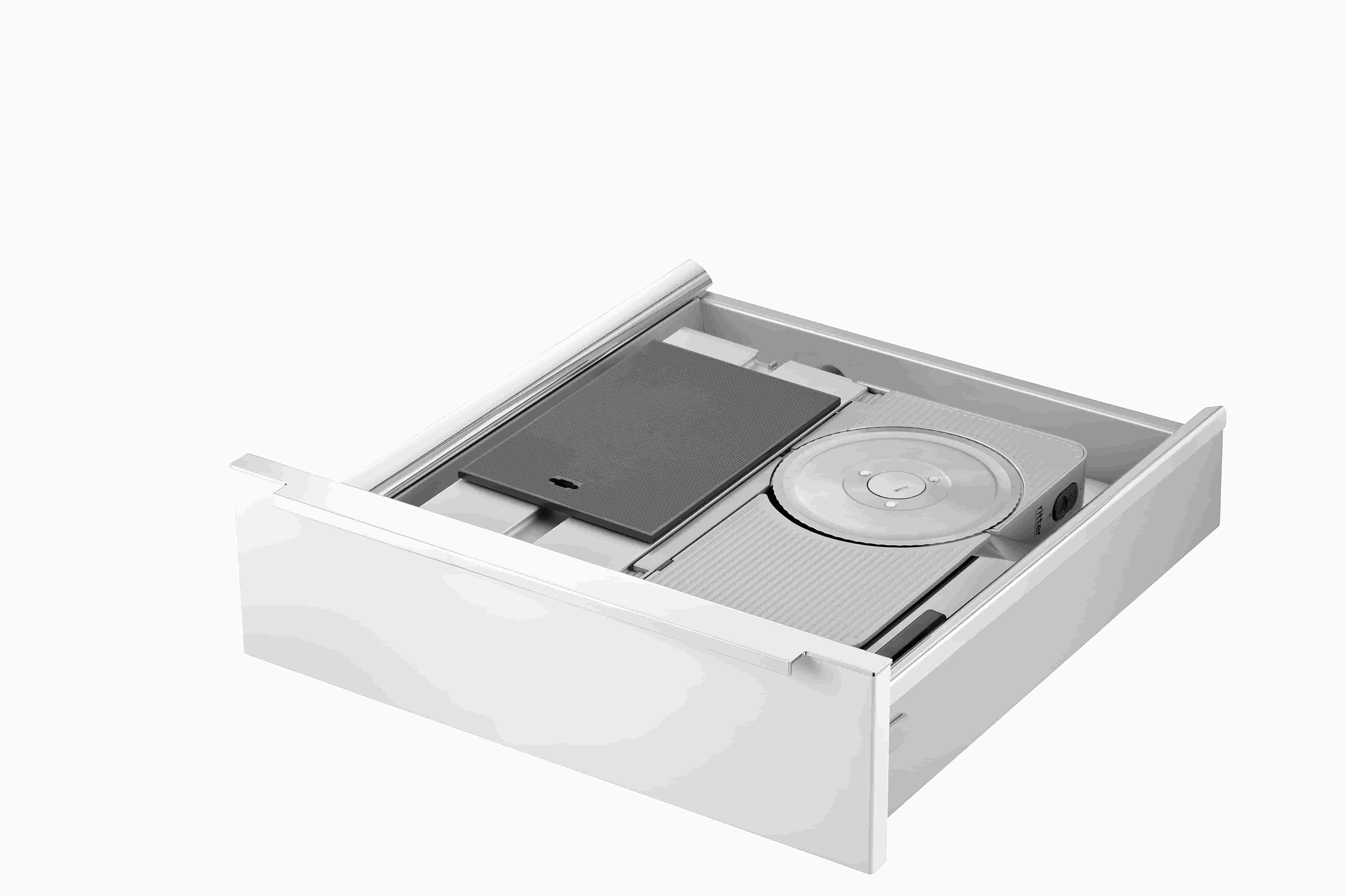 Electric built-in all food slicer in silver, folded view