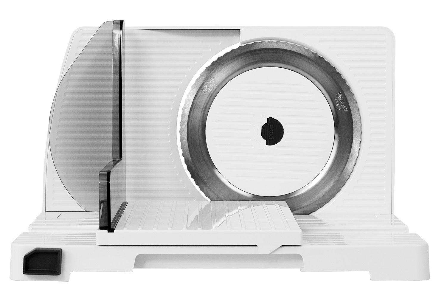 White plastic food slicer, rear view