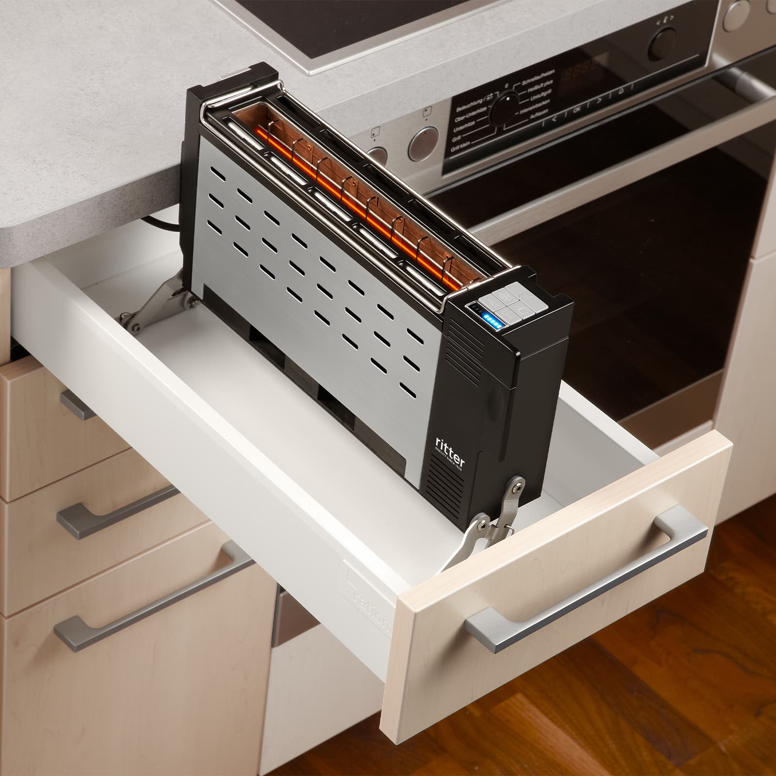 The built-in toaster oven folded out into a drawer.