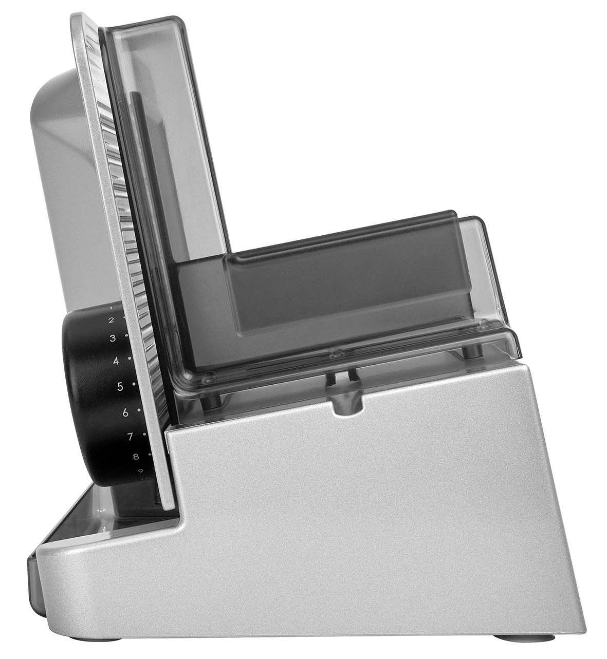 Elektrischer Allesschneider in silber, seitliche Ansicht