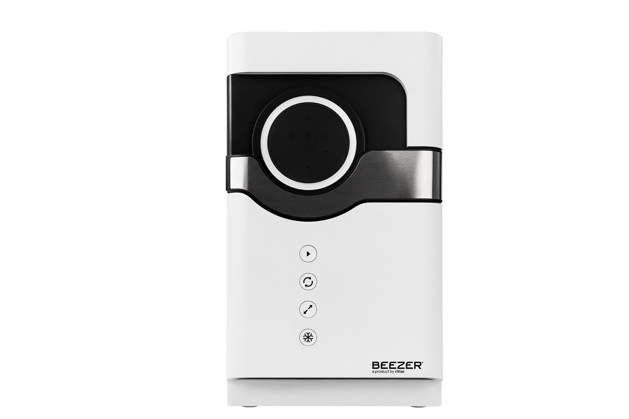 Front of the switched-off BEEZER beverage cooler in the color white Front of the switched-off BEEZER beverage cooler in the color white