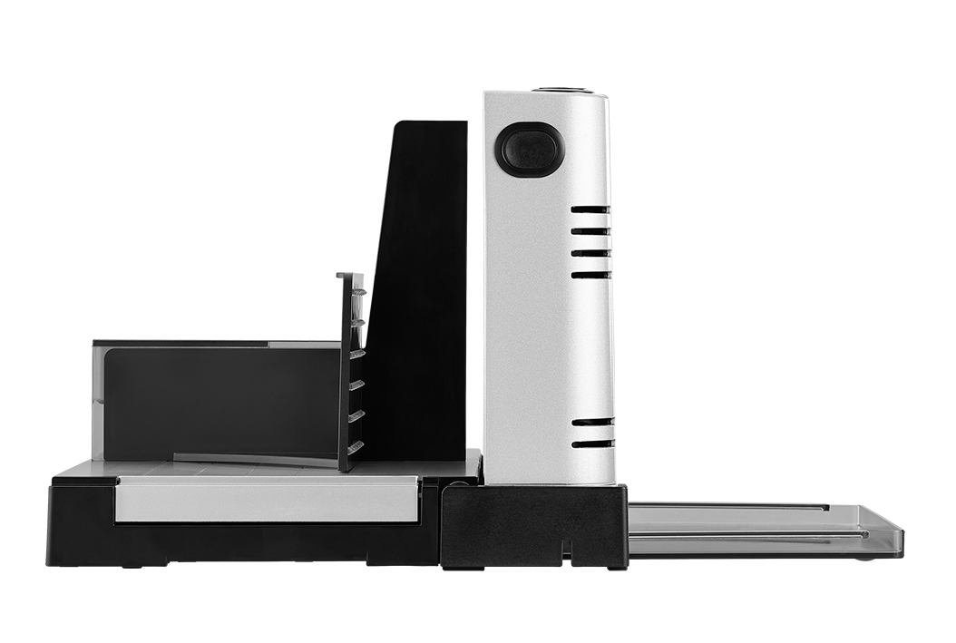 Elektrischer Allesschneider in silber, seitliche Ansicht