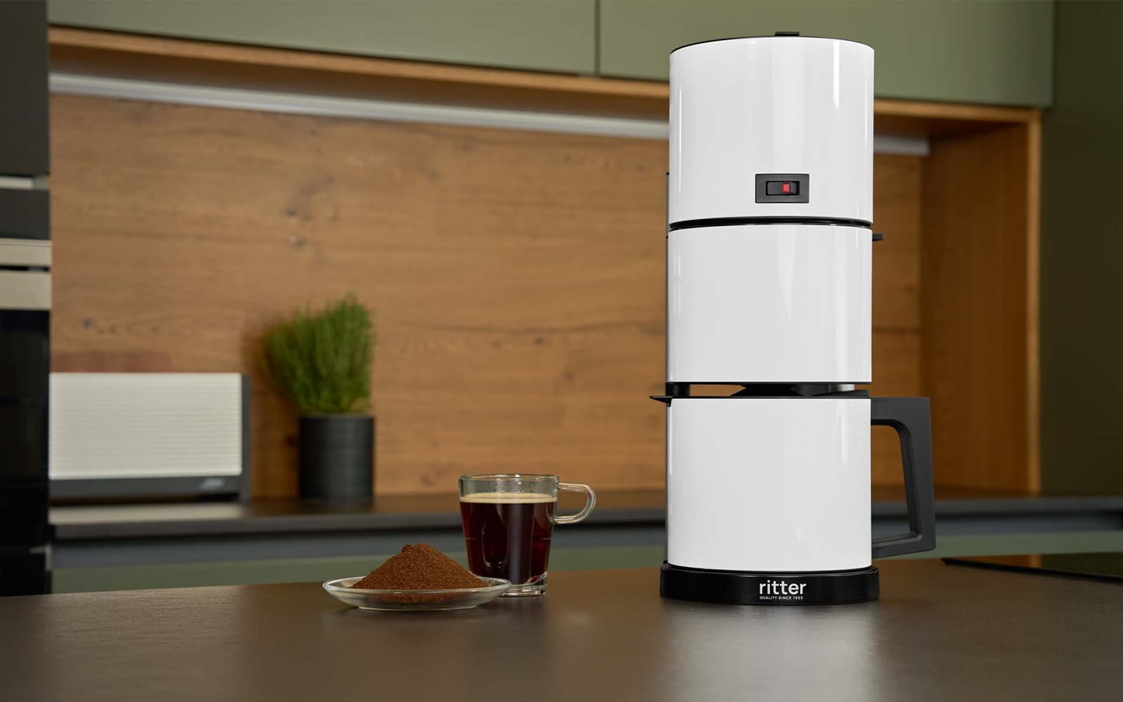 White coffee machine in a modern kitchen