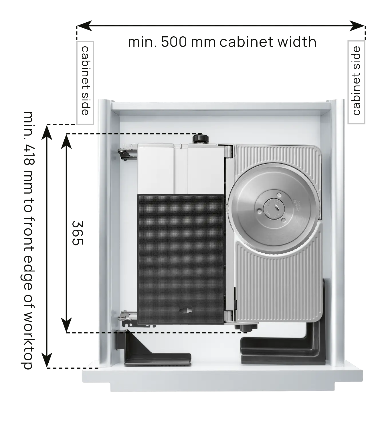 An image of a dimensional installation drawing of the left-guided built-in universal cutter, with the technical data 3.