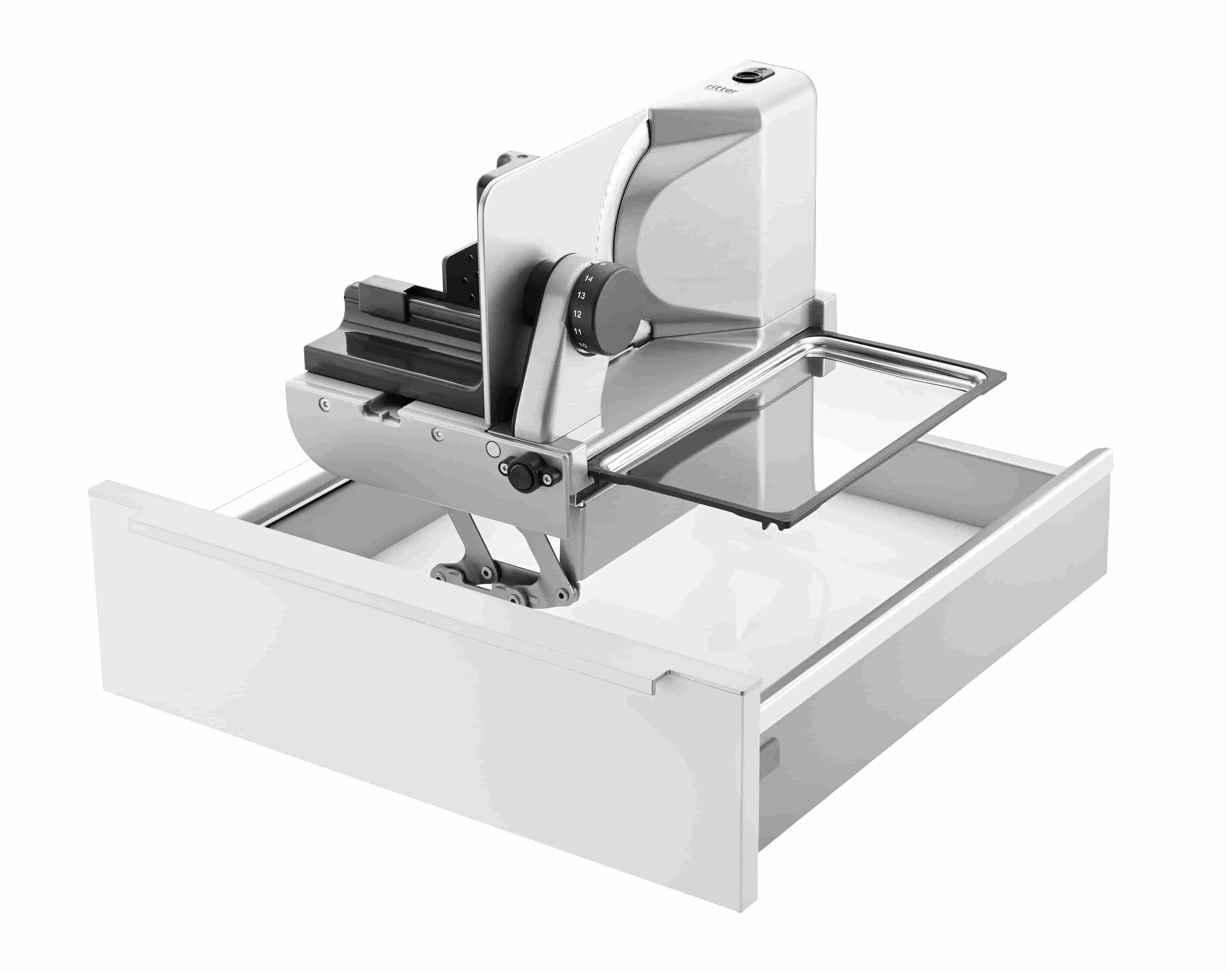 Electric built-in all food slicer in silver, angled view