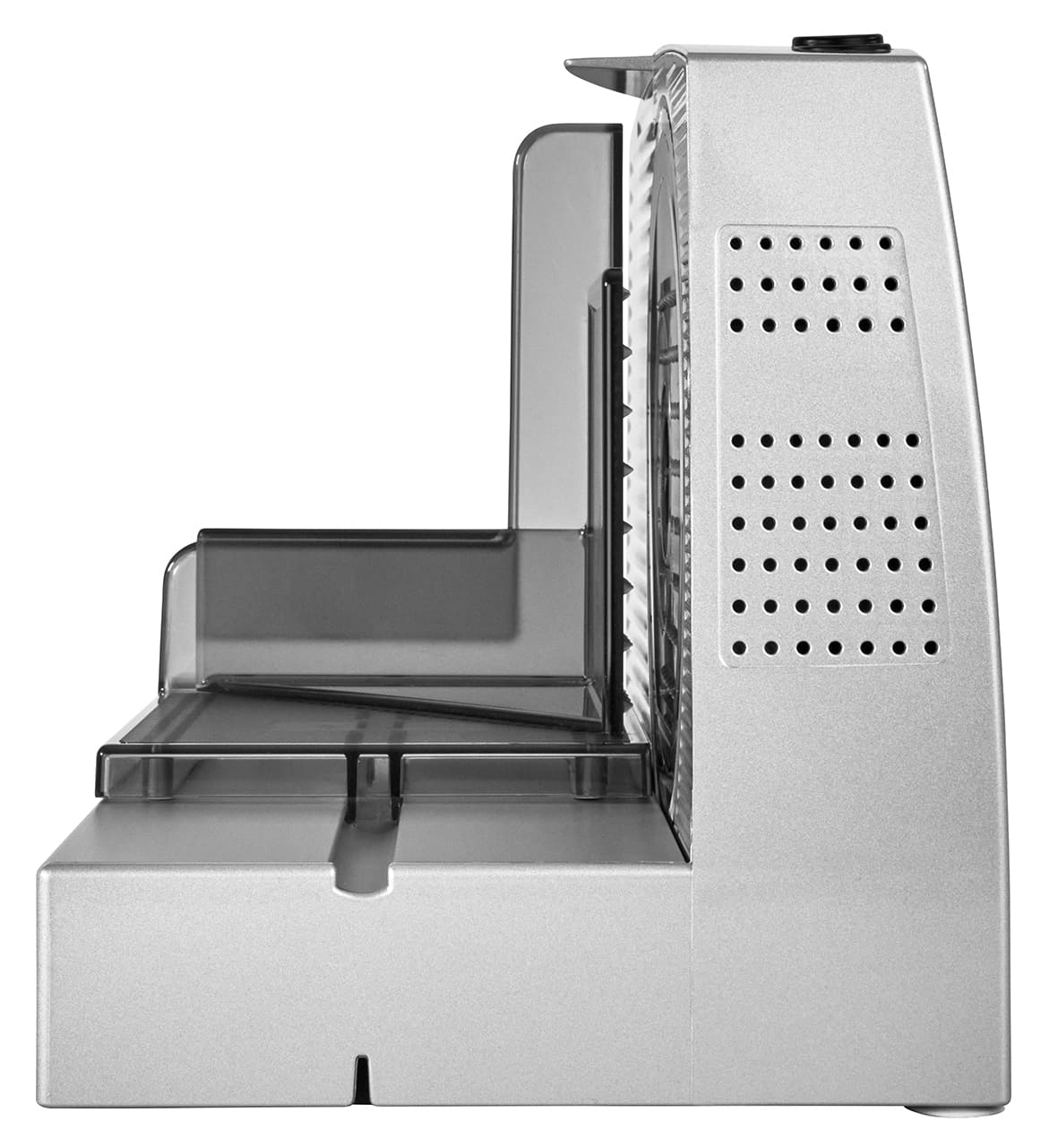 Electric food slicer in silver, side view