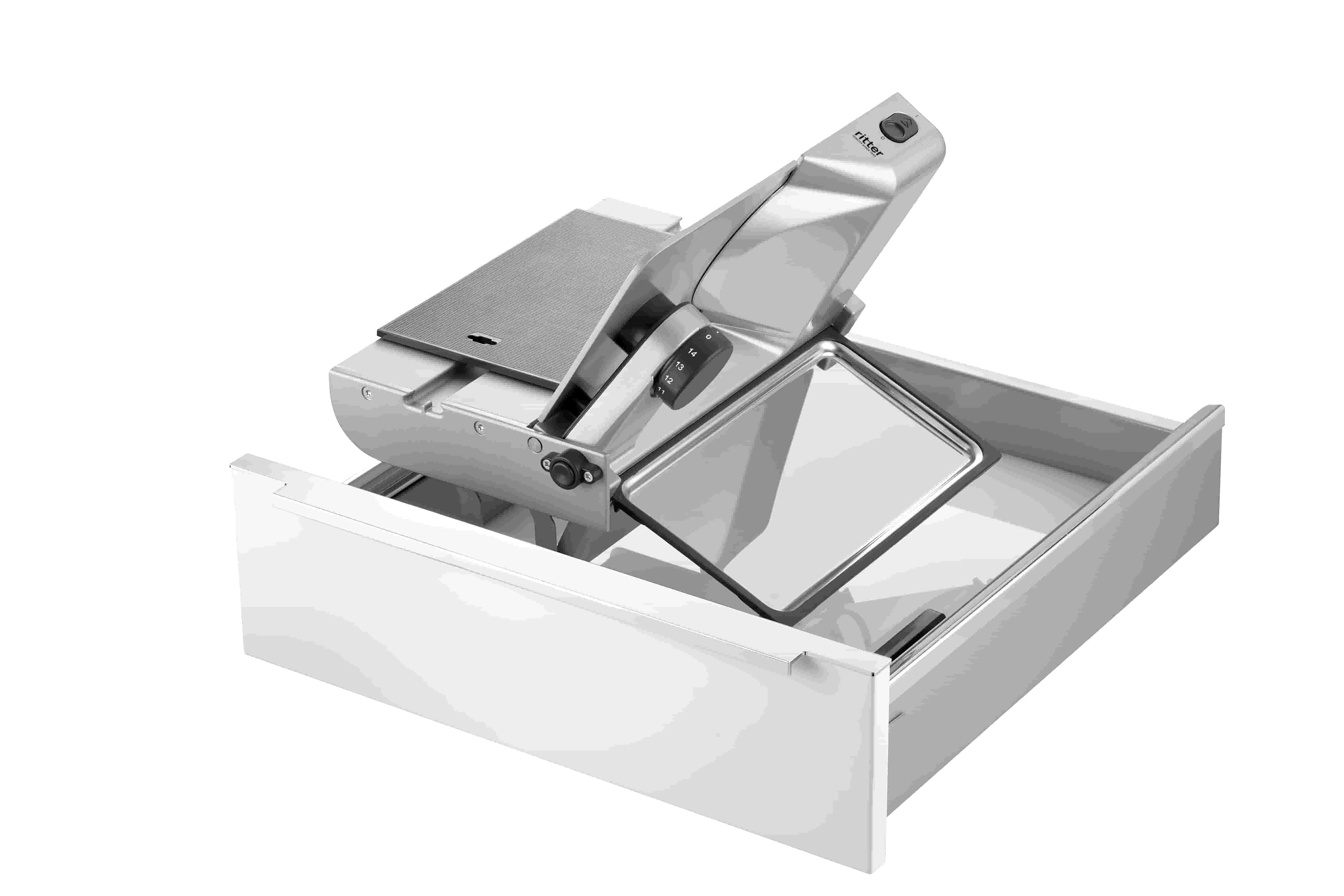 Electric built-in all food slicer in silver, angled view