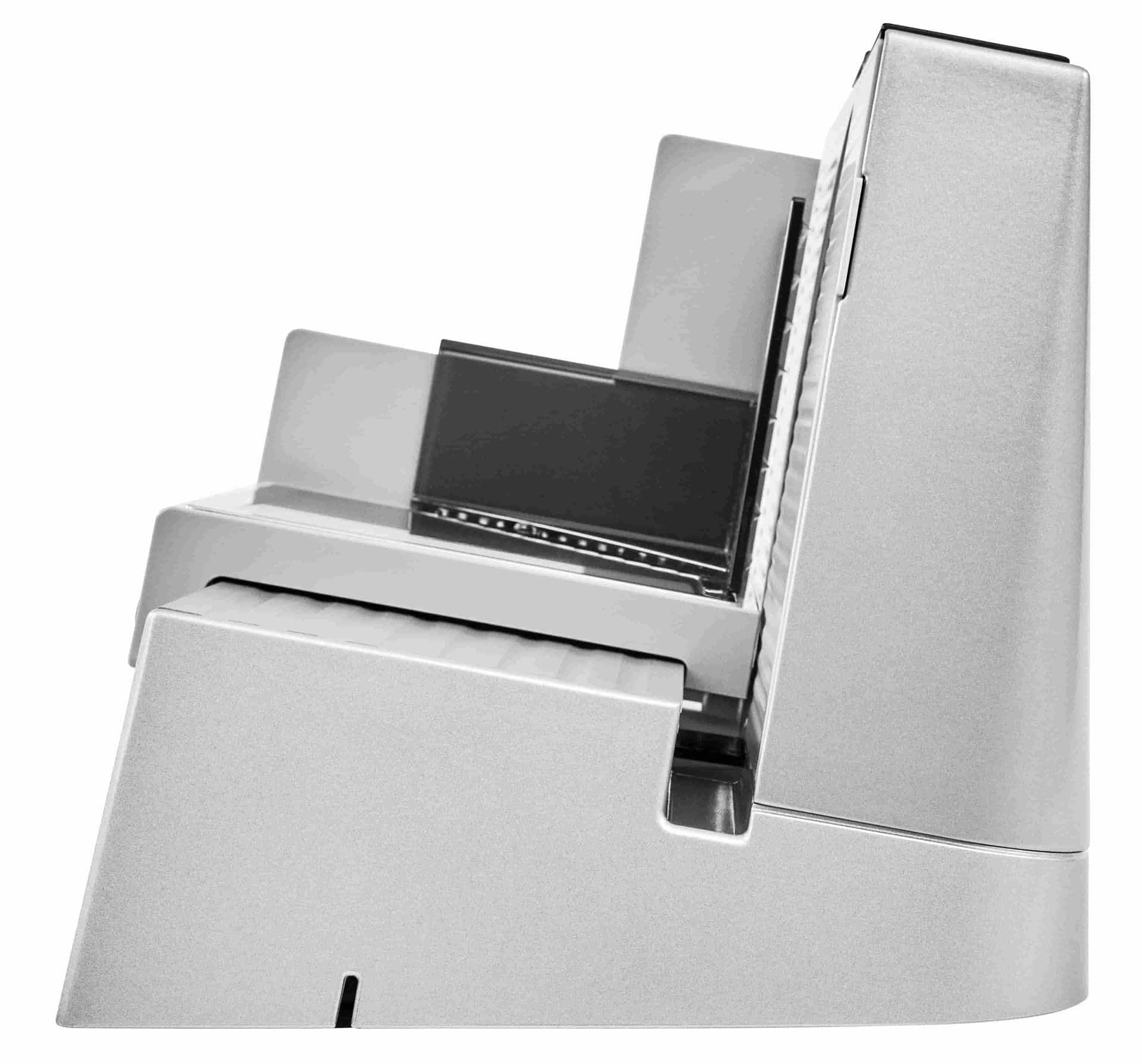 Elektrischer Allesschneider in silber, seitliche Ansicht