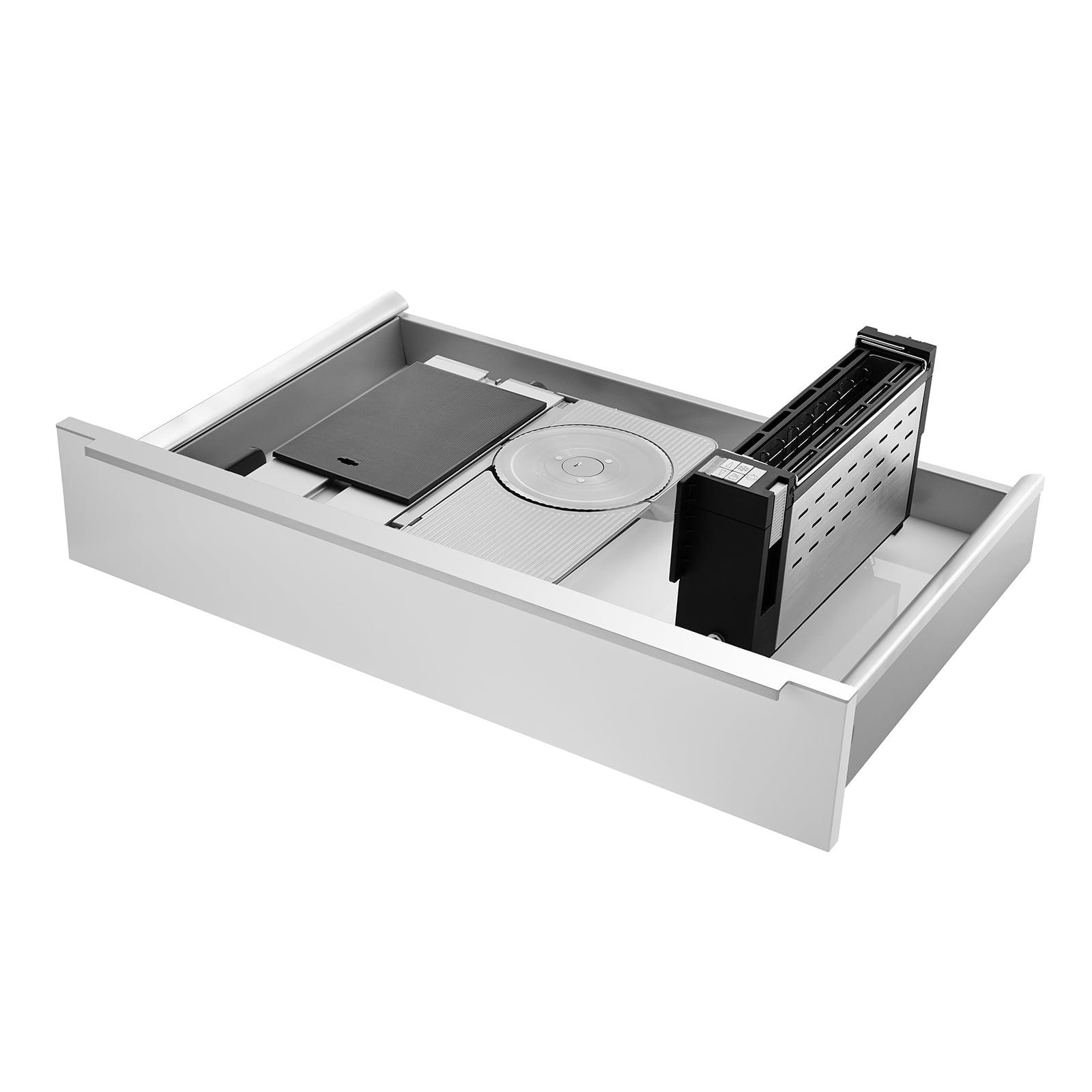 Ein Bild einer Schublade, mit einer Einbau-Kombination aus einem aufgestellten Einbau-Toaster und einem linksgeführten Einbau-Allesschneider, mit weißem Hintergrund.