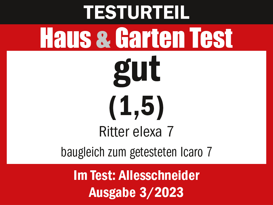 Auszeichnung vom Haus und Garten Test für den einklappbaren und elektrischen Allesschneider elexa 7, mit der Note "gut" (1,5)