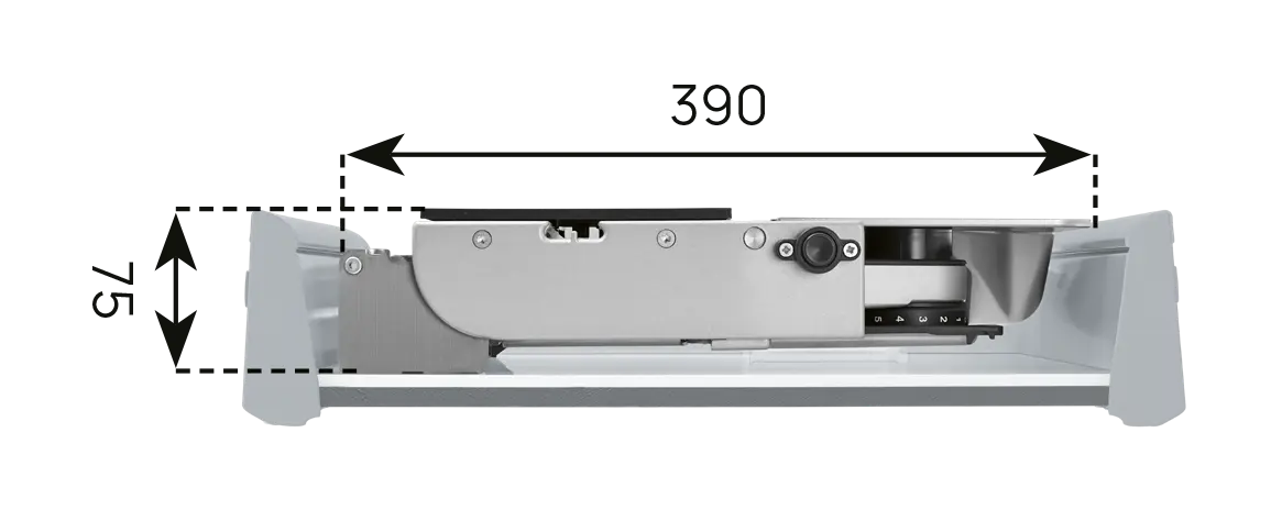 An image of a dimensional installation drawing of the left-guided built-in universal cutter, with the technical data 2.