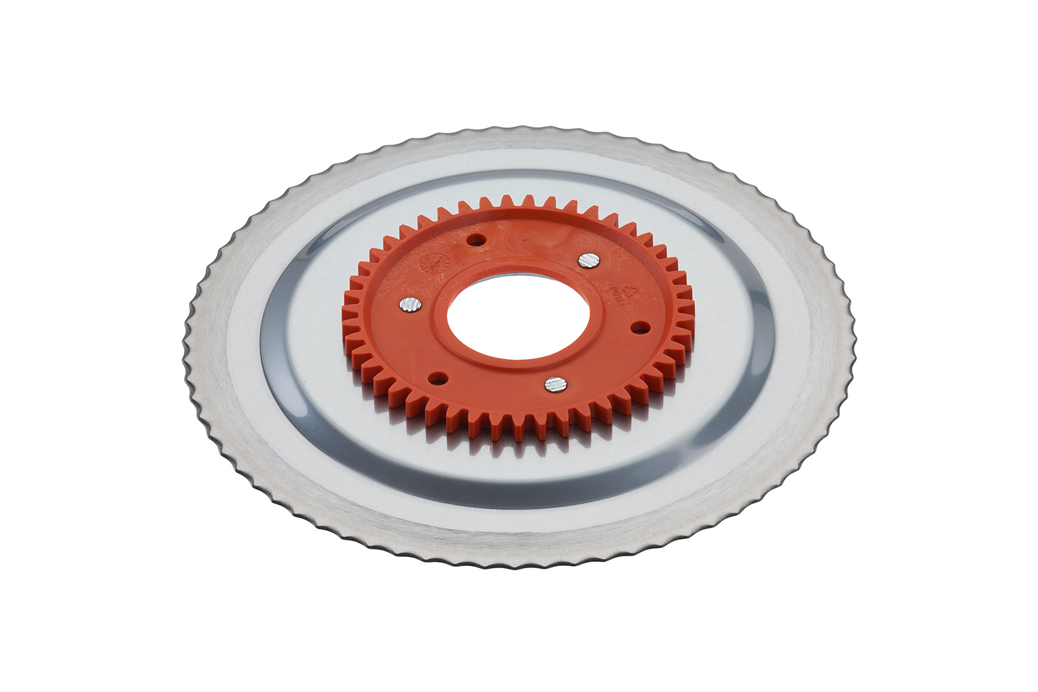 Serrated circular blade with an orange gear Serrated circular blade with an orange gear