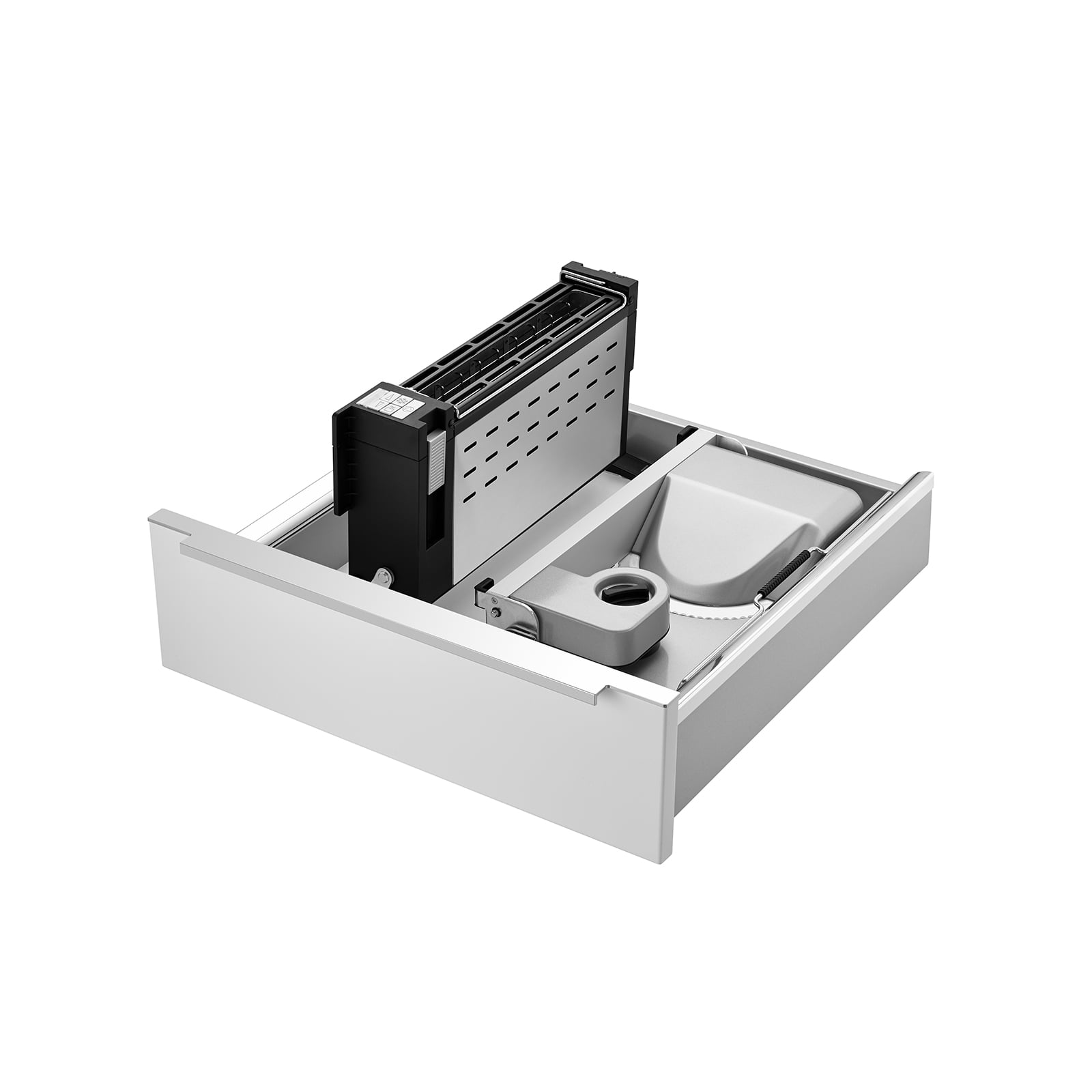 Ein Bild einer Schublade, mit einer Einbau-Kombination aus einem aufgestellten Einbau-Toaster und einem Einbau-Allesschneider, mit weißem Hintergrund.